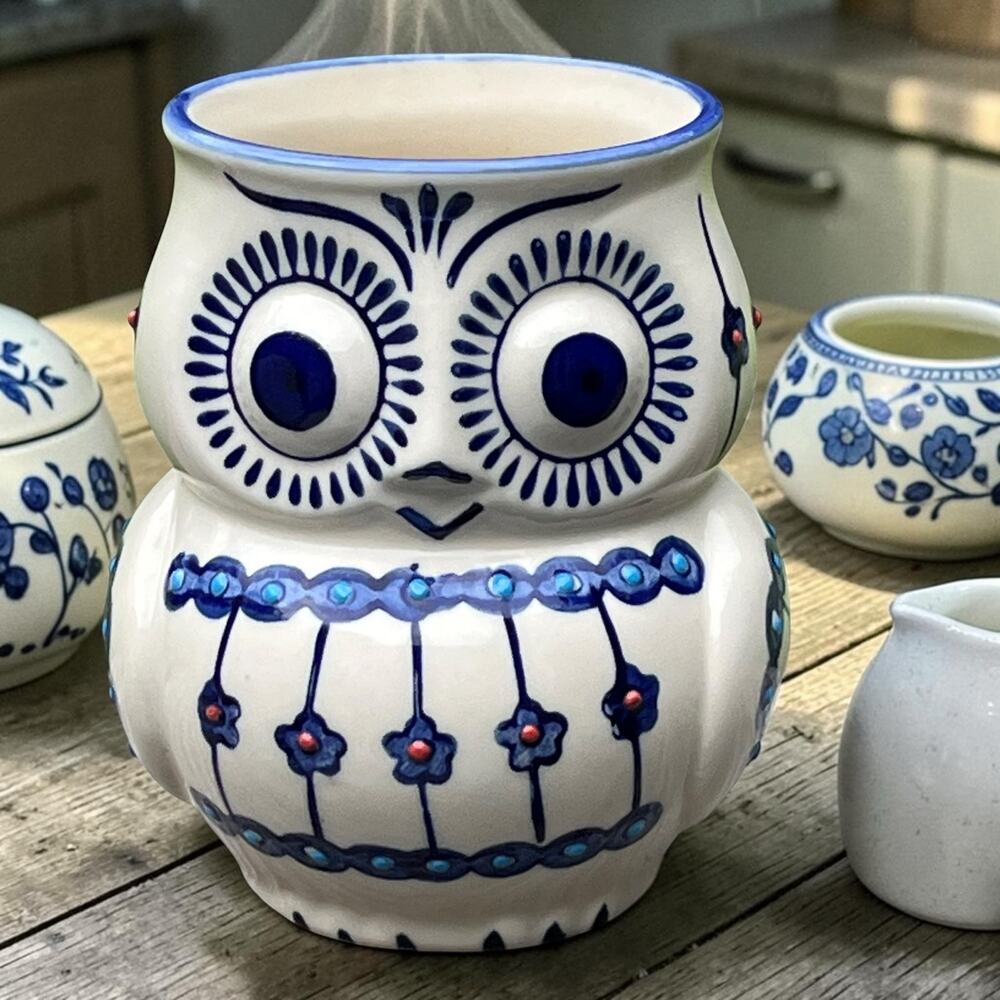 Yokohama Studio Hand Painted Owl Mug Blue White Ceramic Coffee Cup 4.5”